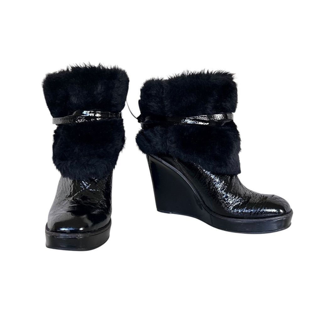 Y2K Michael KORS Patent Leather Slip-On Wedge Booties w/FauxFur Cuff - 9